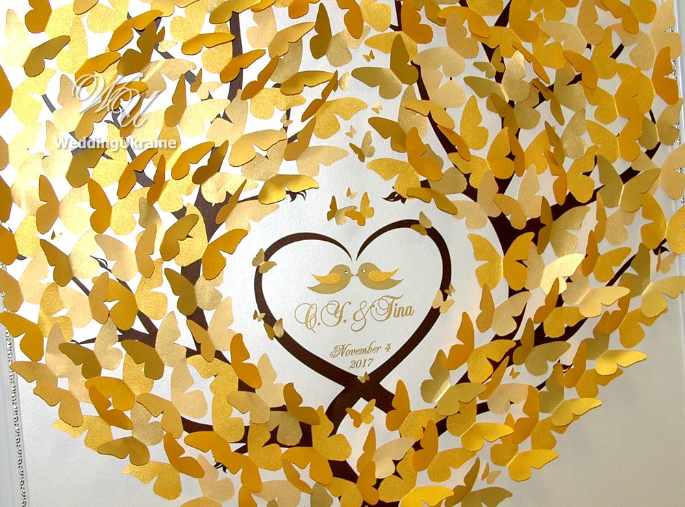 Gold Butterflies Wedding Guest Book Ideas - 3D Tree Modern Alternative To Traditional Guestbooks Shadows Of Gold Wedding Love Birds