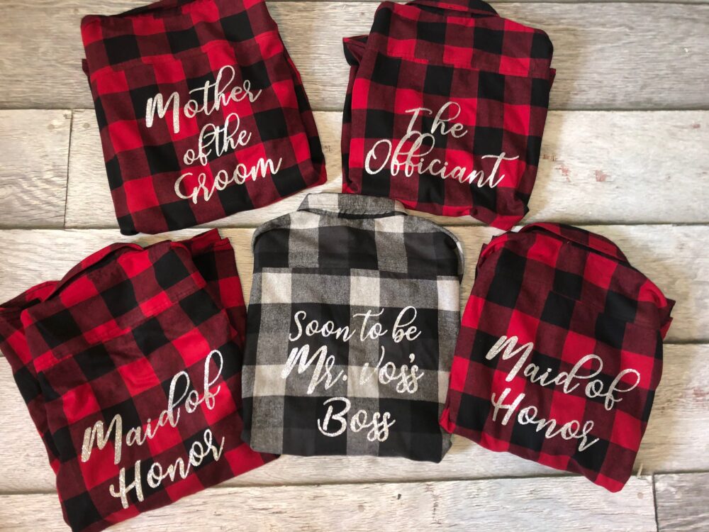 Personalized Plaid Shirt, Monogram Flannel Bridesmaid Red & Black, Blue Flannel, Black Getting Ready For The Wedding