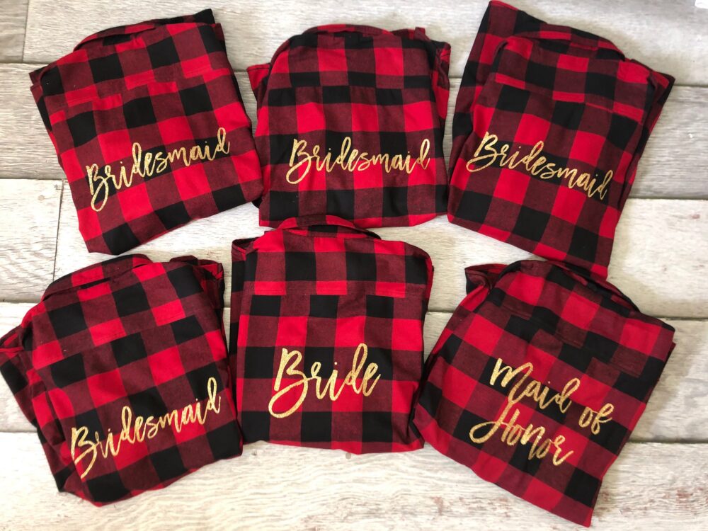 Personalized Plaid Shirt, Monogram Flannel Bridesmaid Red & Black, Blue Flannel, Black Getting Ready For The Wedding