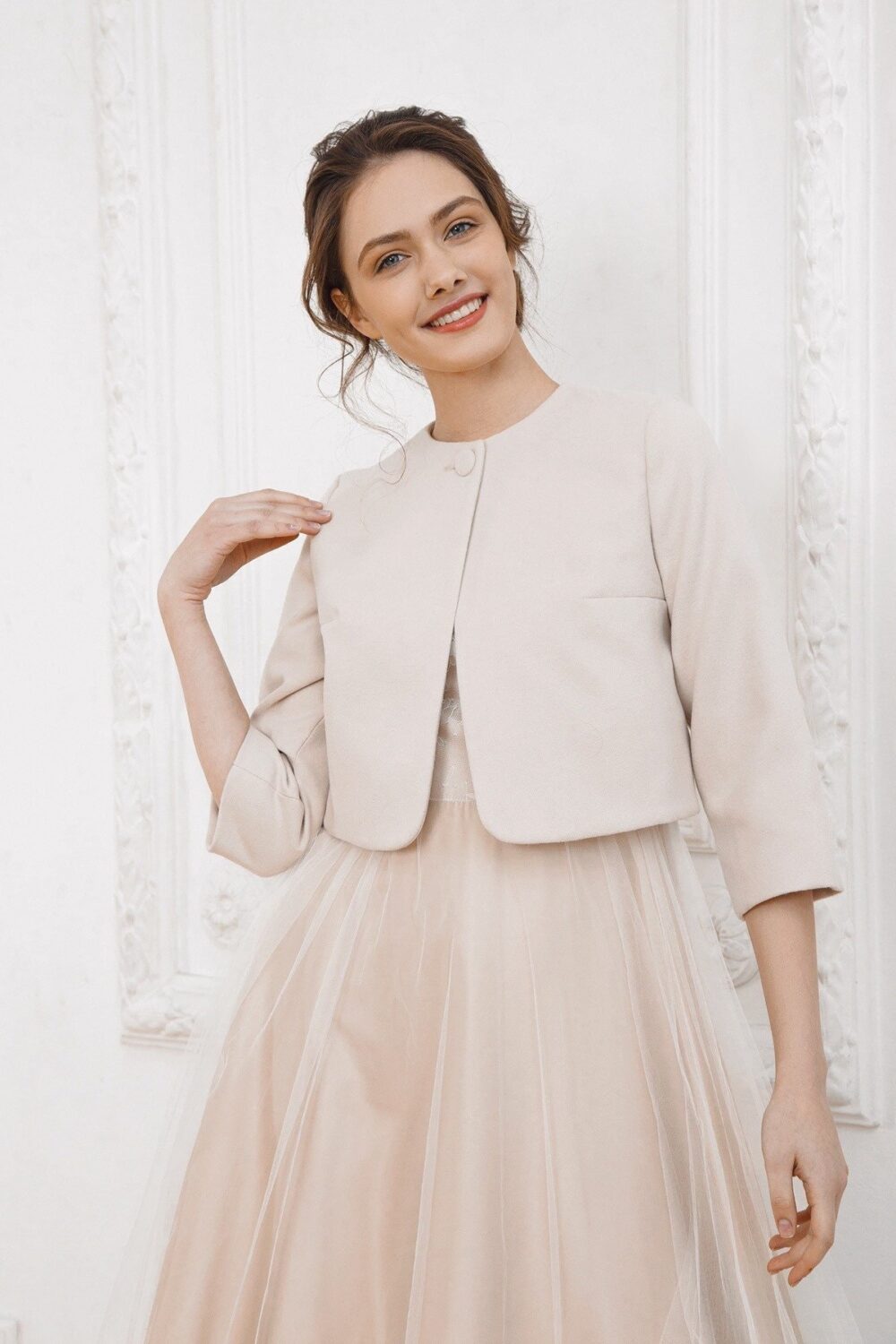 Beige Wool Wedding Jacket Modern Bridal Cover Up