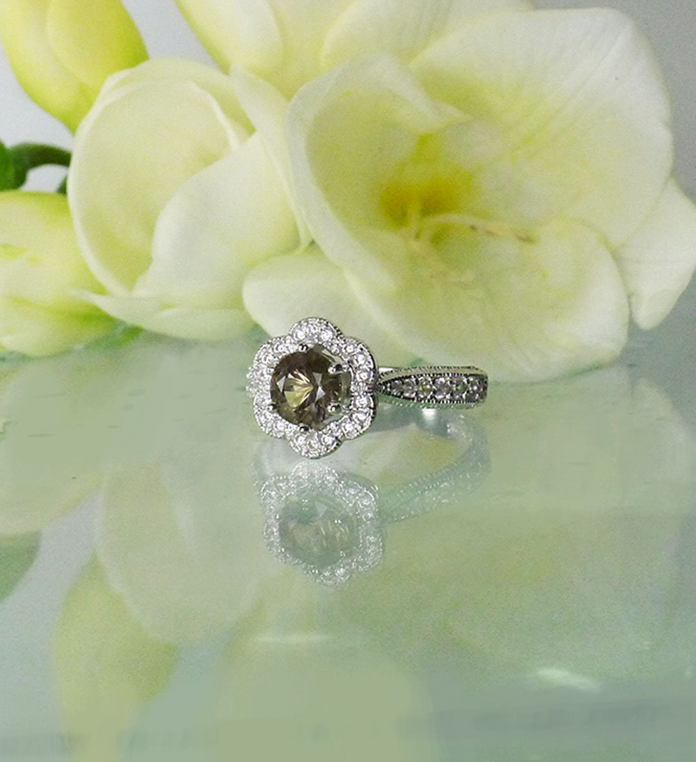 Nature Inspired Ring, Flower Engagement Halo Herkimer Diamond Ring