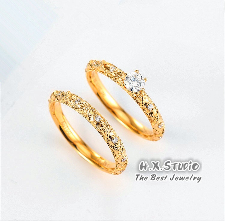 Hx Jewelry | Diamond Engagement Wedding Ring Set in 18K Solid Gold/Vintage Style Stacking Ring/Elegant Gold Ring/Solitaire Ring/Gift For Her
