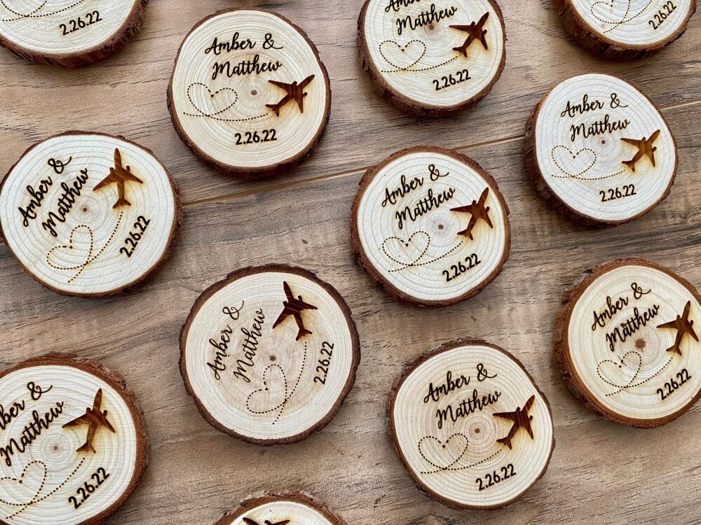 Custom Wood Slice Wedding Favor Or Save The Date - Laser Engraved With Names, Date, & Magnet