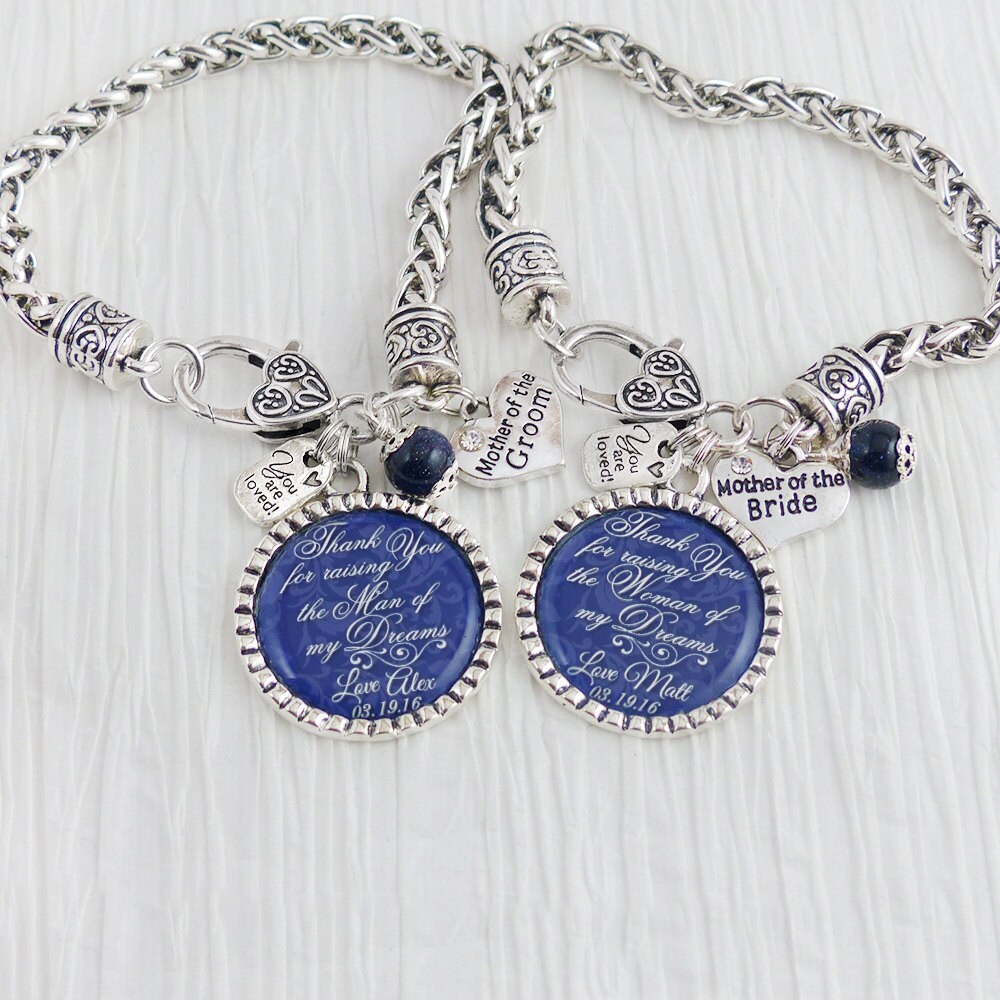 Wedding Gift For Mother Of The Bride & Groom Jewelry-Personalized-Navy Blue-Wedding Date Bracelet - For Parents, Bride Groom