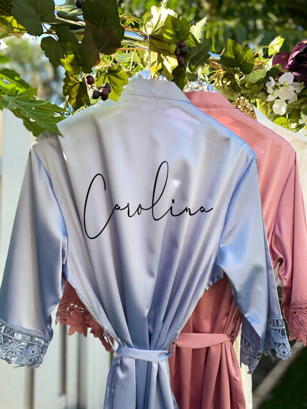 Personalized Bridesmaids Robes, Wedding Bridal Party Silk Flamingo Lace Bachelorette Robe. R125