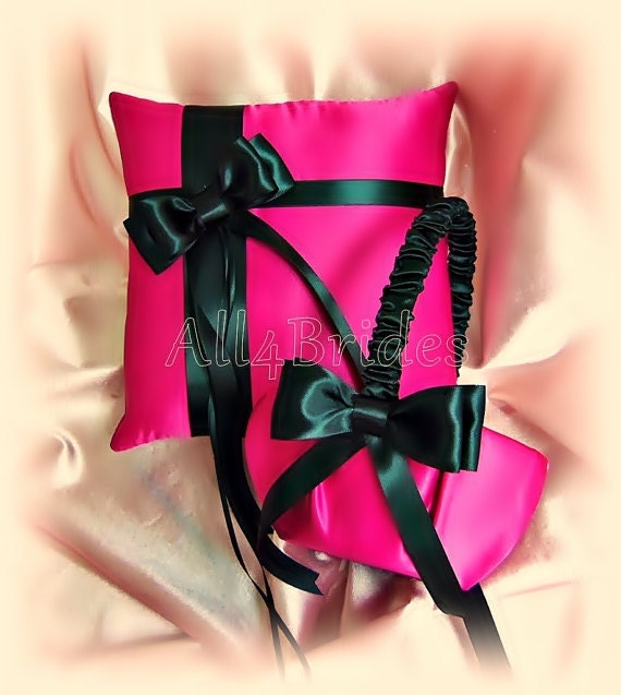 Wedding Flower Girl Basket & Ring Pillow, Hot Pink Black Wedding Decorations