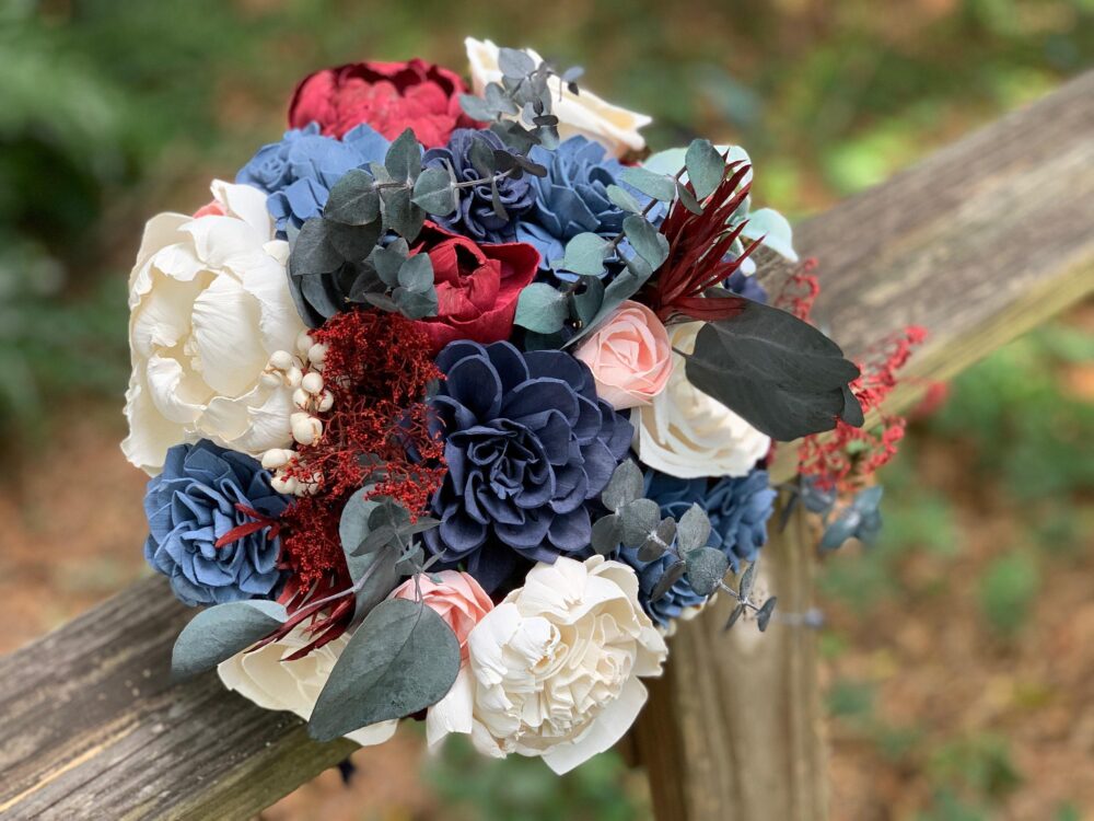 Burgundy, Navy & Blush Wedding Bouquet Sola Wood Flower Bridal Bouquet | Steel Blue Flowers