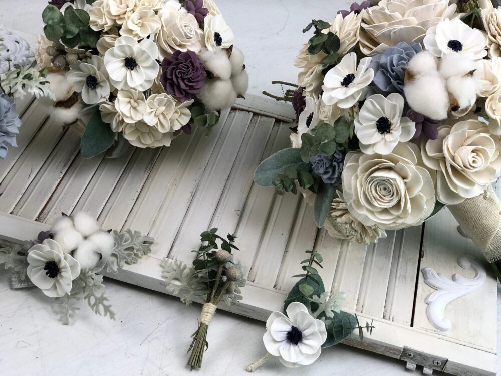 Dusty Blue & Purple Wedding Bouquet | Sola Wood Flowers Cotton Accents Carriage House Anemone