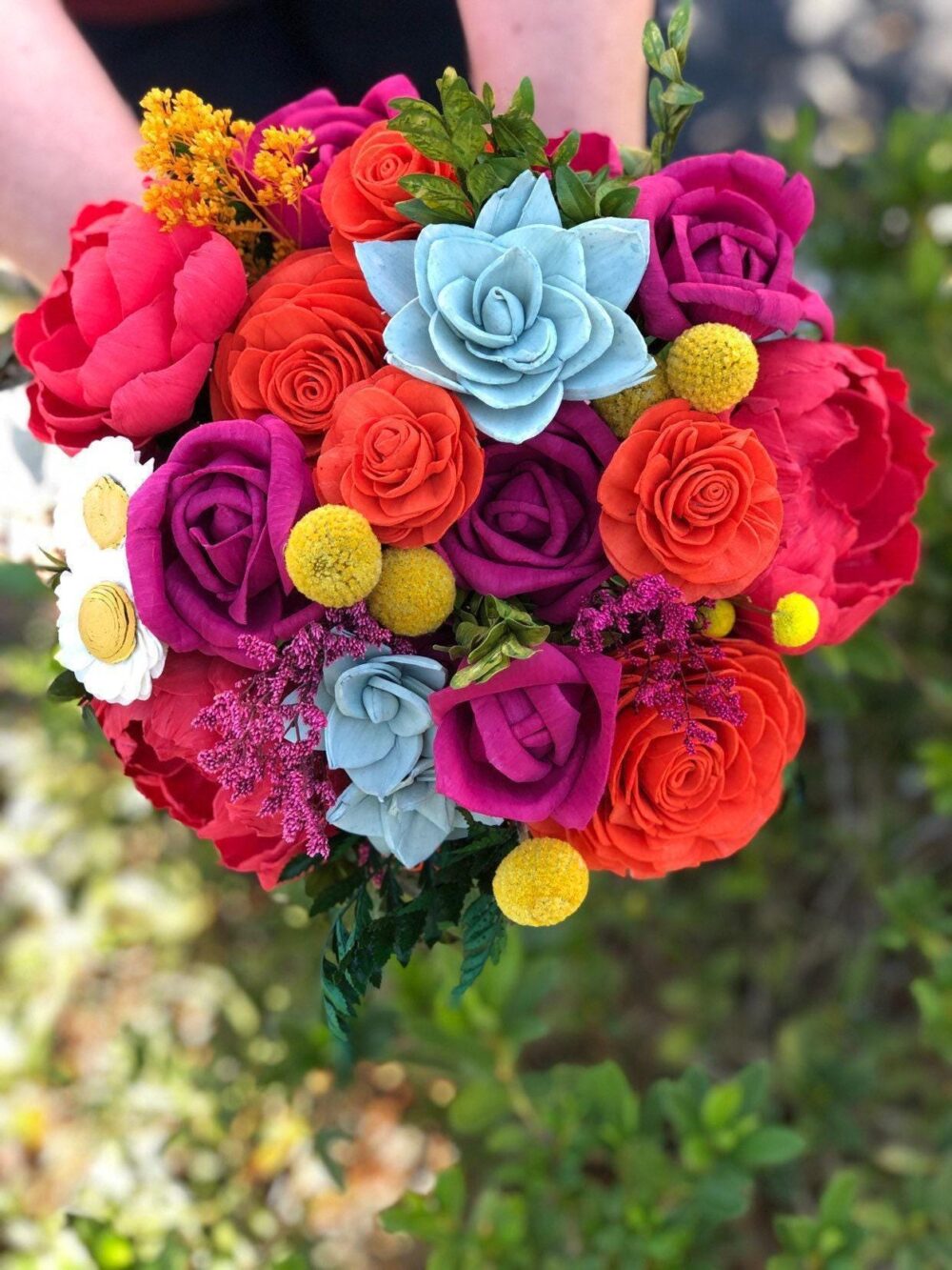 Wood Flower Wedding Bouquet Vibrant Sola Flowers, Succulents | Fancy Plantsy Bouquet Bright Succulent & Flowers