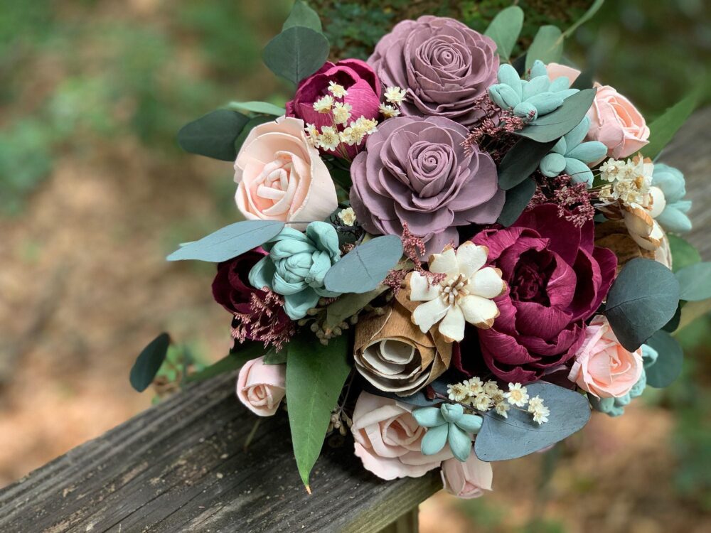 Burgundy Blush Sola Wood Flower Wedding Bouquet Eucalyptus Bouquet | Wine, Mauve, Seafoam & Pine Flowers