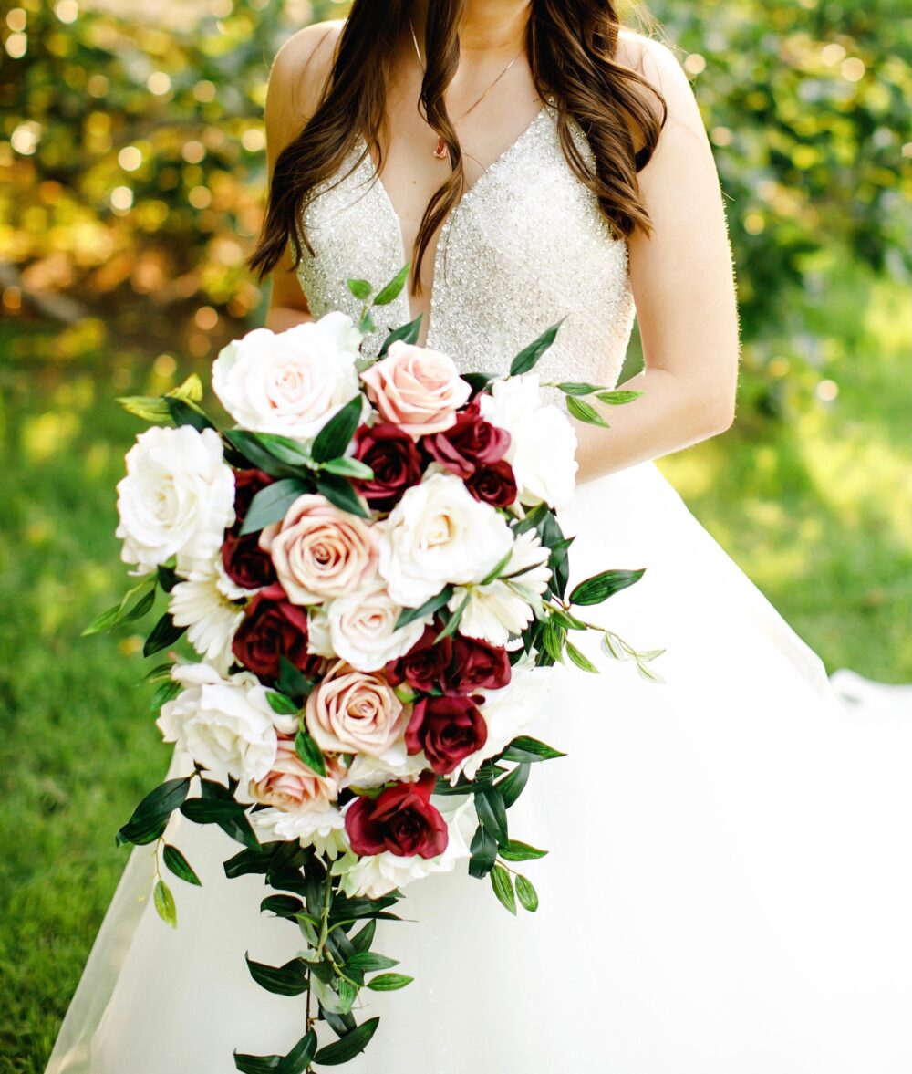 Cascade Bouquet, Wedding Bouquet, Silk Flowers, Bridal Burgundy Bride Boho Cascading Bouquet