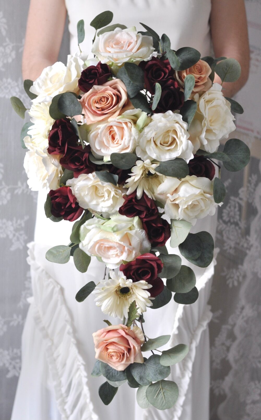 Cascade Bouquet, Wedding Bouquet, Silk Flowers, Bridal Burgundy Bride Wine, Rose Gold, Cascading Bouquet
