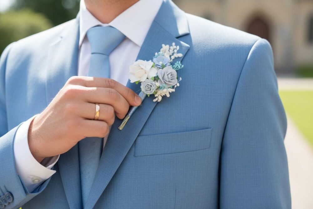 Dusty Blue Wedding Boutonniere Dried Flower Groom Accessory