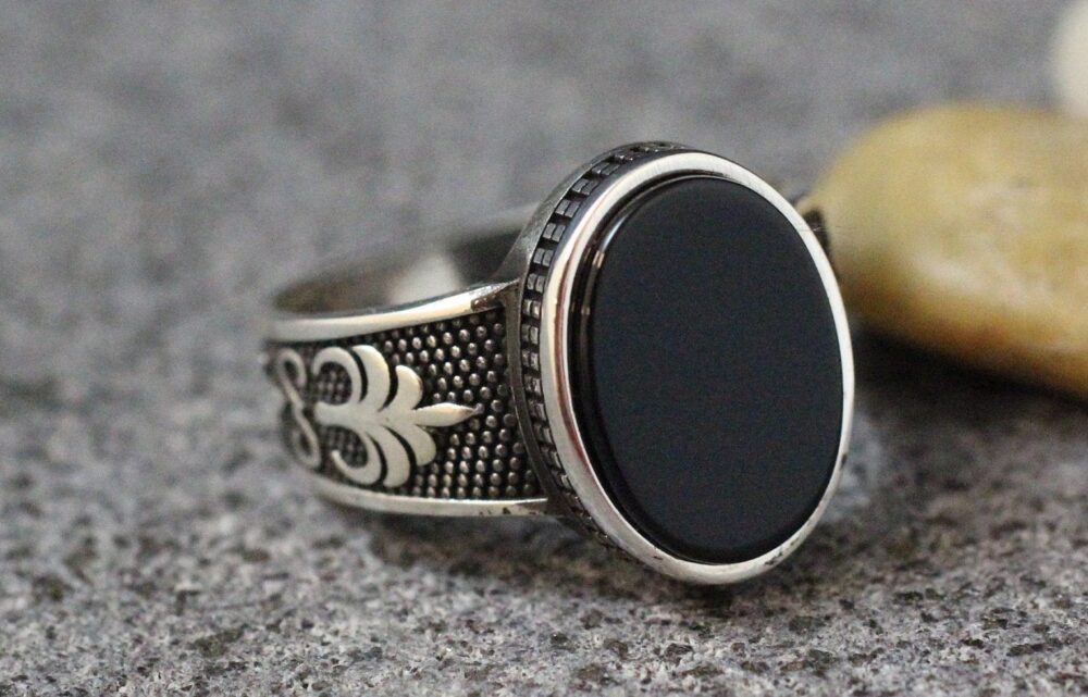 Mens Onyx Ring, Black Modern Men Signet Gift For Him, Ottoman Sterling Silver 925 Ring