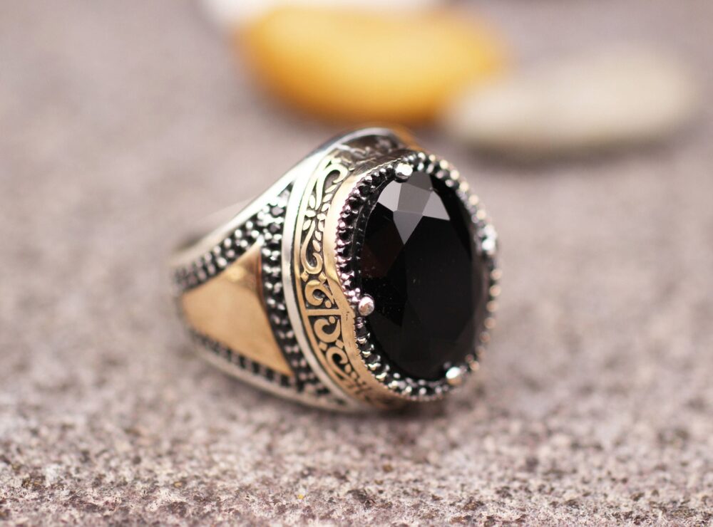 Mens Onyx Ring, Black Modern Signet Gift For Him, Ottoman Sterling Silver 925 Ring
