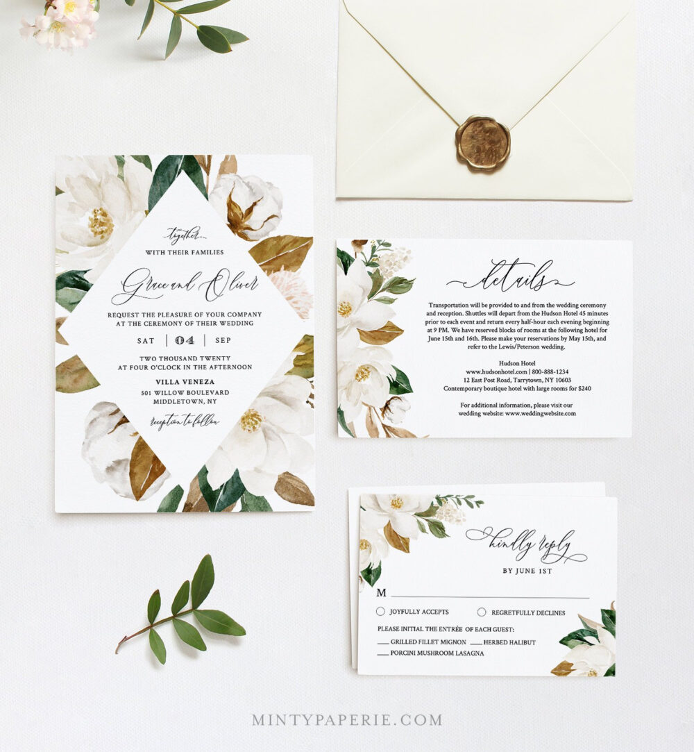 Wedding Invitation Set, Cream Magnolia, Ivory Cotton & Rich Greenery, Southern Wedding, Editable Template, Instant Download, Templett #015A