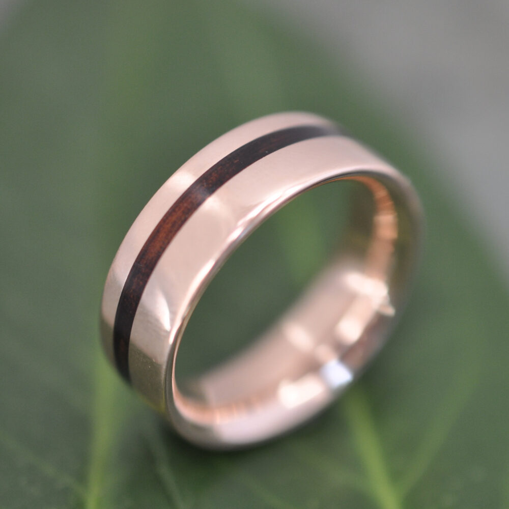 Solsticio Koa Wood Wedding Band 14K Solid Recycled Rose Gold Comfort Fit Ring