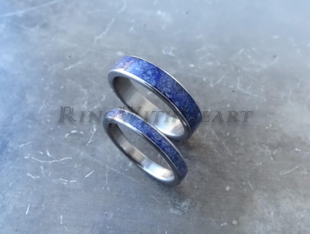 Stainless Steel Ring Set With Lapis Lazuli, Wedding Bands, Anniversary Rings, September Birthstone Ring, Price=Pair