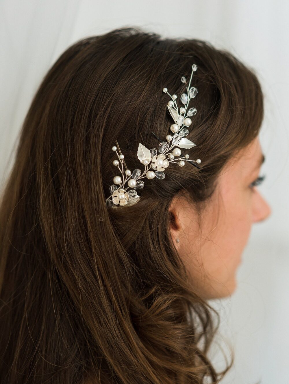 Pearl Wedding Hair Vine Silver Leaf Bridal Piece
