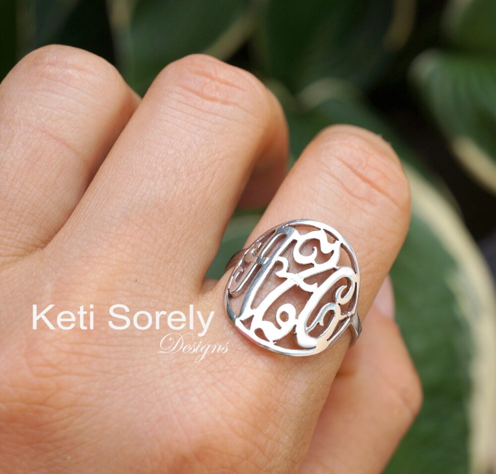 10K, 14K Or 18K Solid White Gold Or Sterling Silver Monogrammed Initials Ring With Frame, Custom Gift For Special Occasions Daily Wear