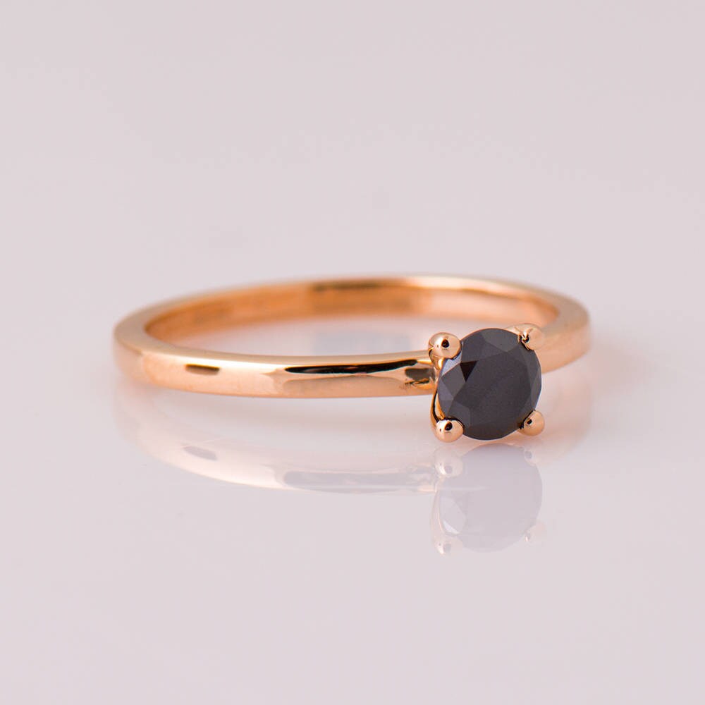 Rose Gold Black Diamond Engagement Ring, 14K Band, Simple Solitaire One Ring