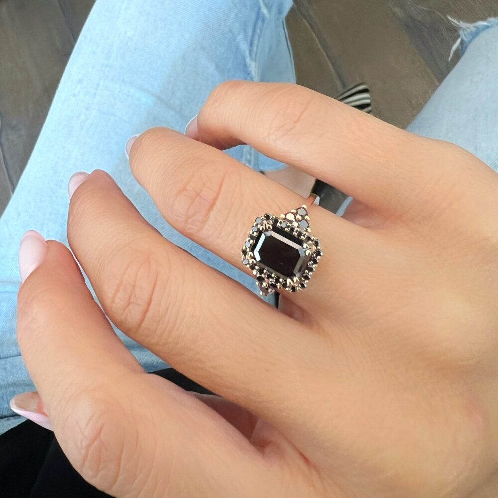 Black Diamond Engagement Ring, Natural Emerald Cut Halo Promise Royal Prong Design in 14K Rose Gold