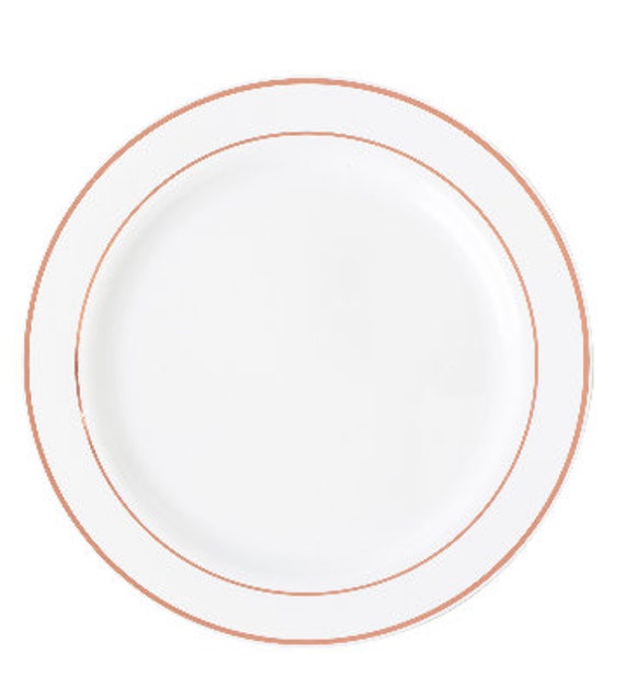 Premium Heavy Duty Delux Disposable Plastic Plates With Metallic Rose Gold Trim, White Wedding Plates, Buffet