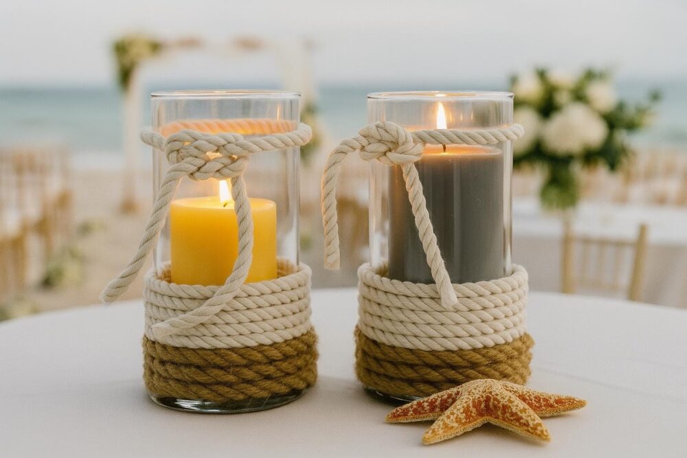 Rustic Wedding Decor, Beach Table Centerpiece, Candle Holder, Nautical Knot Theme Wedding, Cylinder Vase