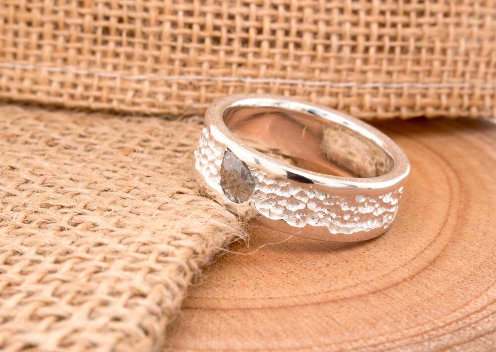 Silver Ring, Mens Wedding Band, Women Hammered Salt Pepper Diamond, Diamond Band