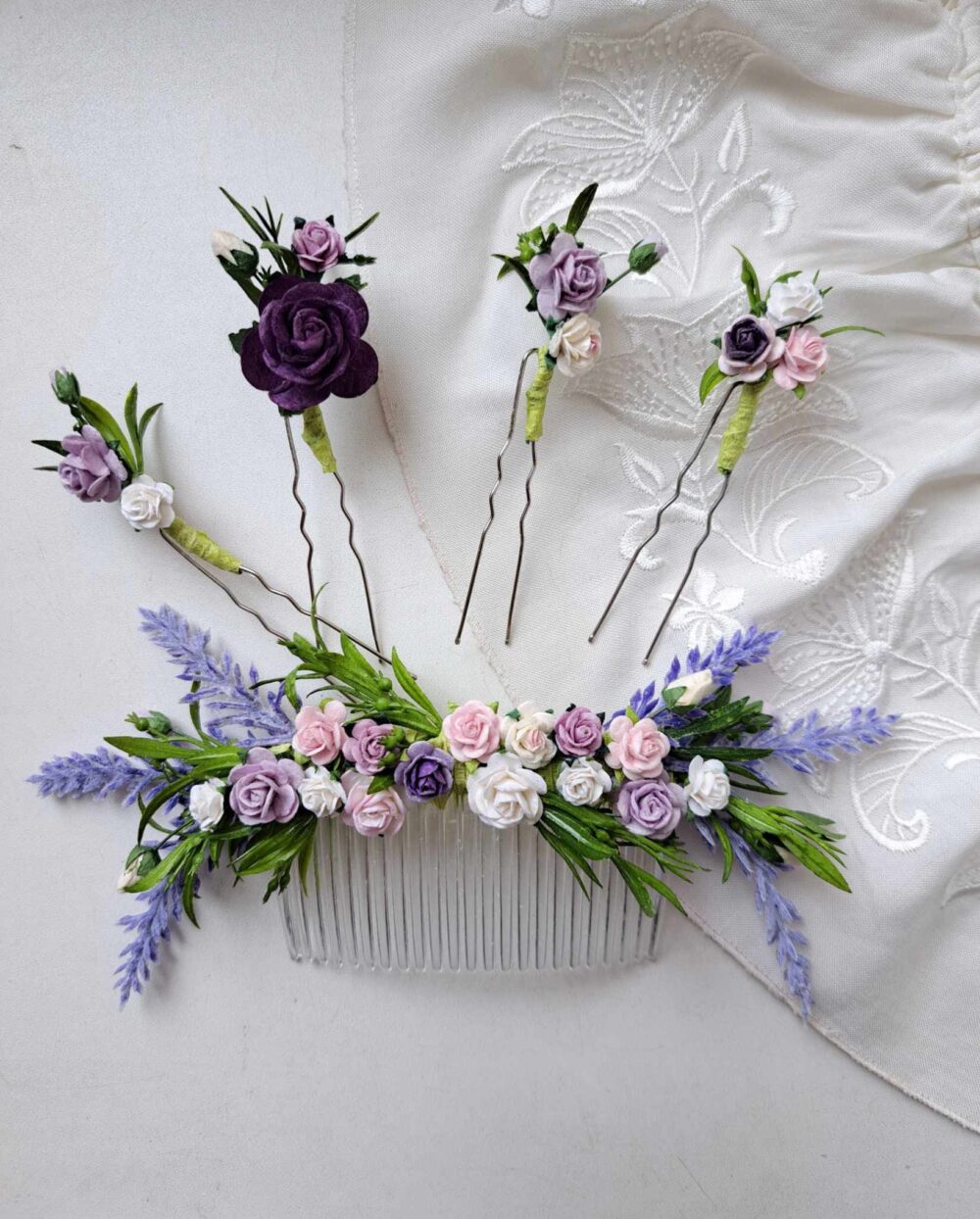 Purple Floral Wedding Hair Comb Pink Pins Wedding Flower