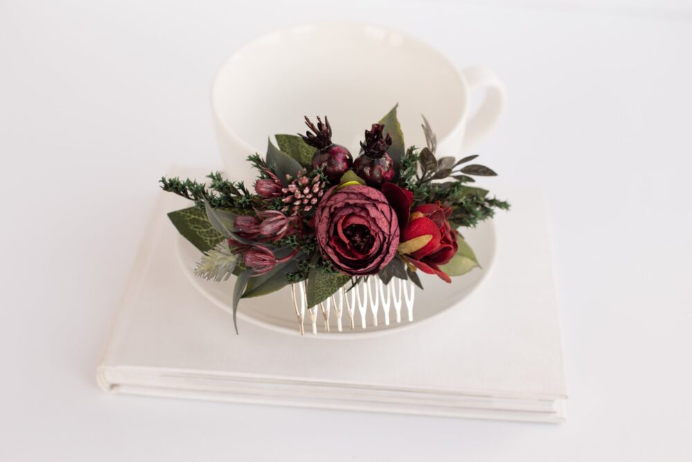 Burgundy Flower Comb, Wedding Hair Deep Red Rustic Wedding Headpiece, Floral Piece, Boho Floral Comb