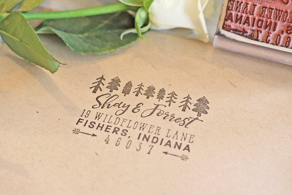 Rustic Trees Return Address Stamp Personalized Name, Custom Wedding Save The Date, Wood Handle Or Self Inking