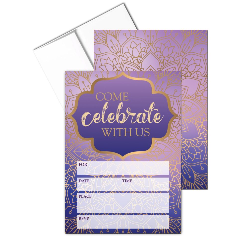 Purple Gold Mandala Party Invitations, Rustic Fill-In Invites, Set Of 25