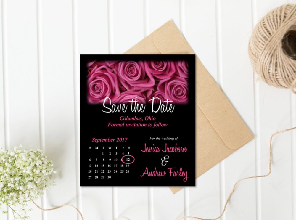 Pink Rose - Save The Date Wedding Magnet Calendar; Black & Pink; Roses; Destination Wedding; Our Date; Change Of