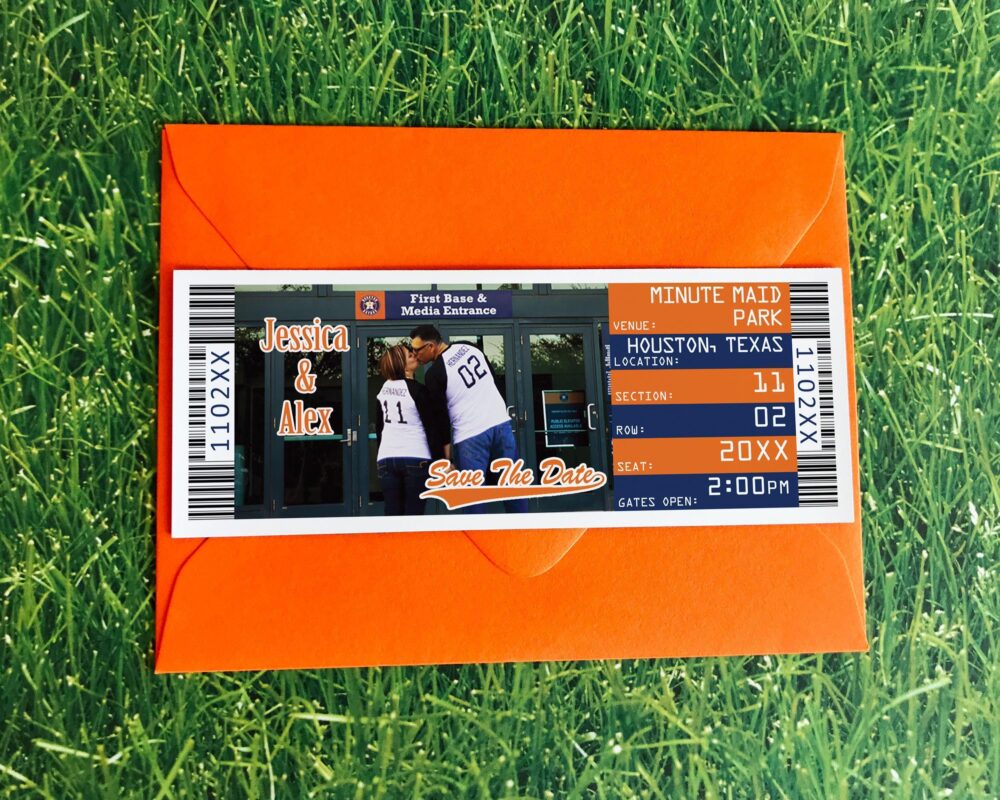 Houston Baseball Ticket Save The Date Magnet, New York City Wedding Announcement With Photo, Elopement Reception Invite