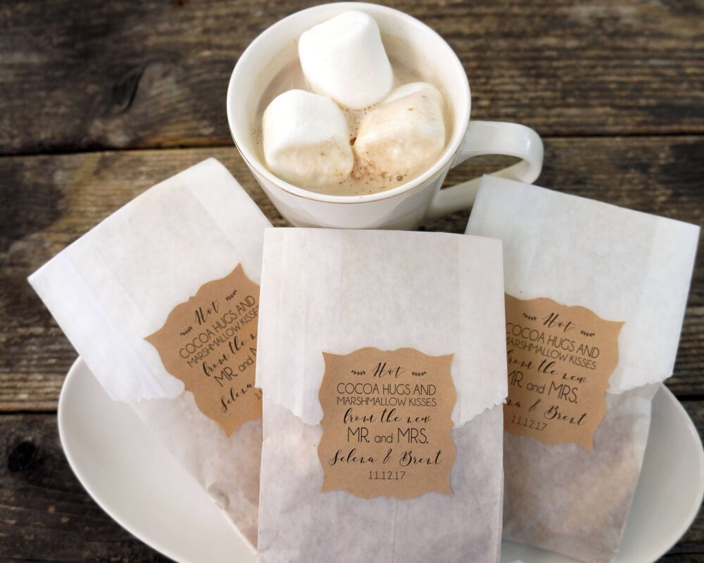 Hot Cocoa Wedding Favor, Chocolate & Marshmallow Bags, Personalized Kraft Paper Stickers, Fall Wedding, Winter Bridal Shower