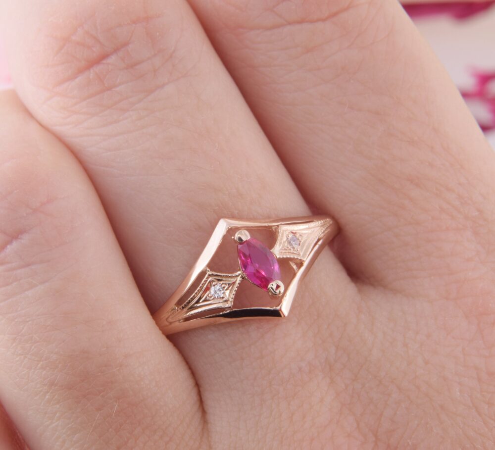 14K Rose Gold Art Deco Ruby Promise Ring For Her, Womens Antique Ring, Dainty & Elegant Ring, Womens