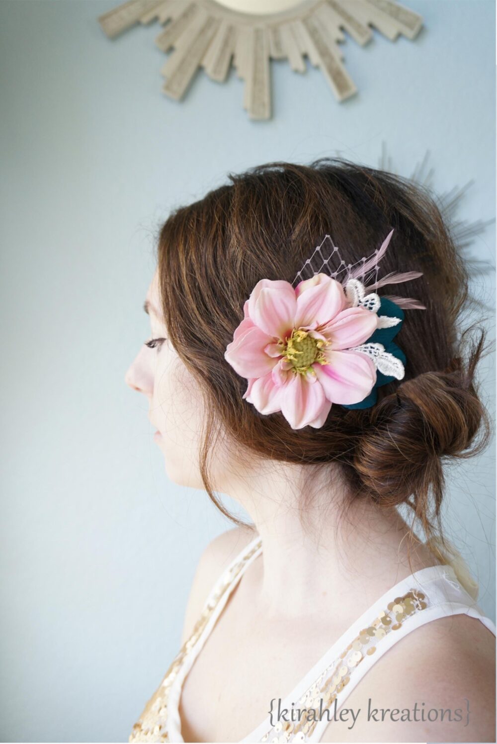 Pink Flower Hair Clip | Teal Feather Comb White Lace & Veil Headpiece Wedding Bridal Hairpiece Cottagecore Fascinator Ship Ready