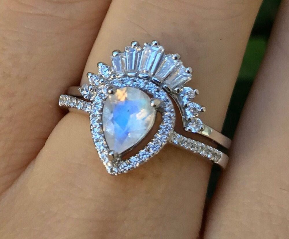 Moonstone Vintage Halo Pear Engagement Ring Set-Moonstone Teardrop Deco Bridal Set - Baguette Wedding Two Piece With Band