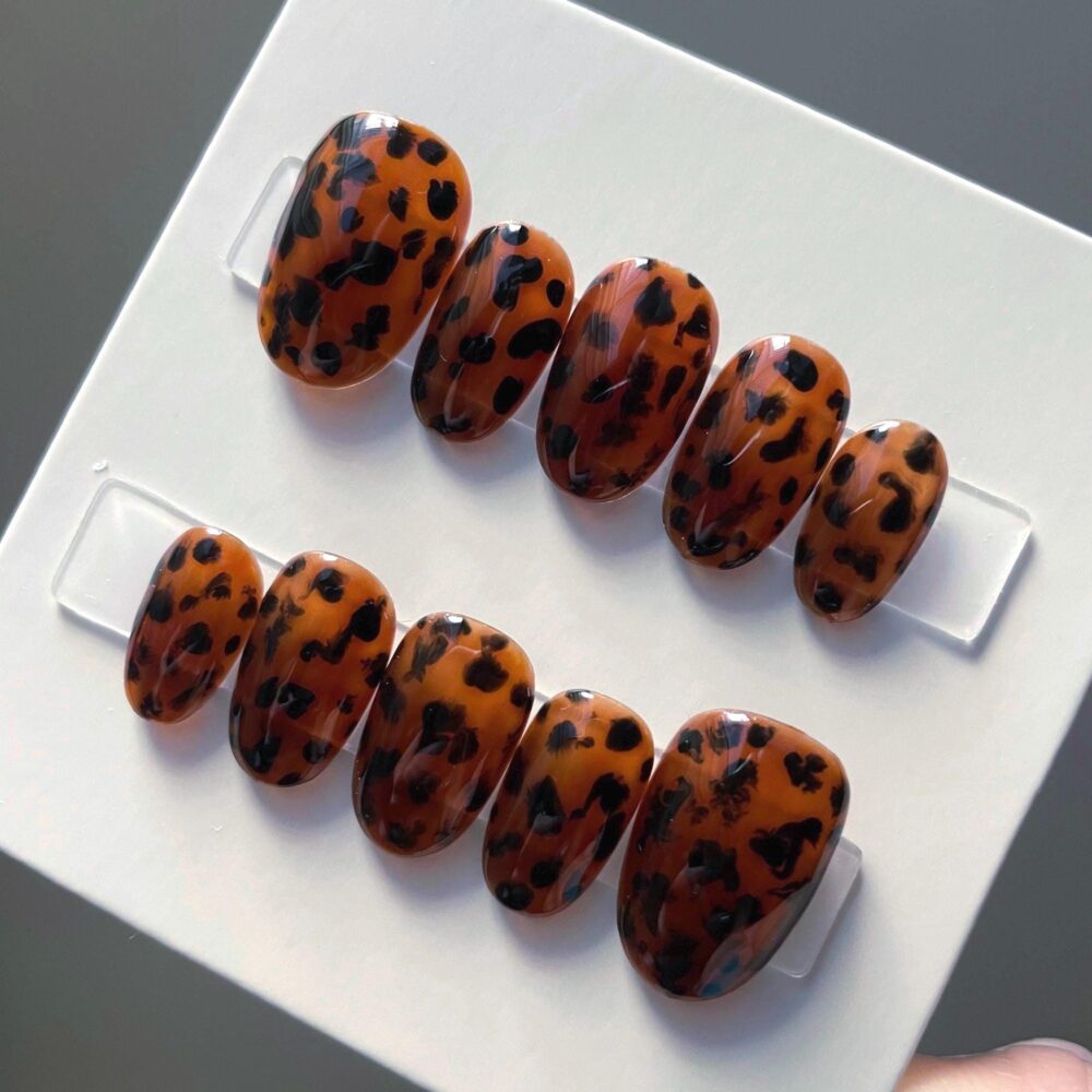 Custom Press On Nails Hand-Painted Tortoise Shell Reusable Gel Nails, Salon Quality Nail Set For Gift, Vacation Or Seasonal Wear