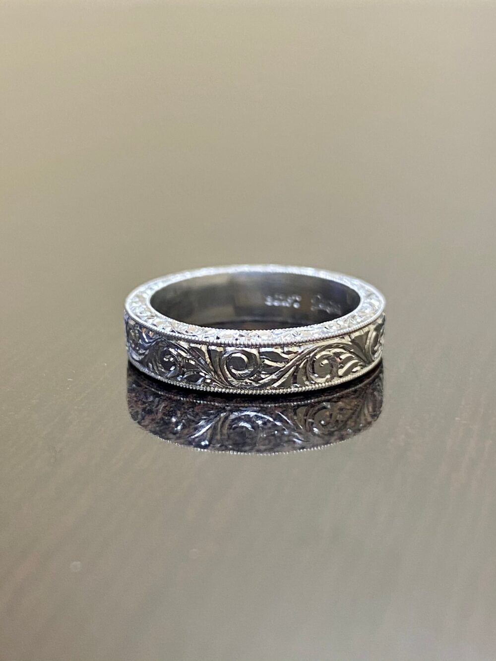 Art Deco Platinum Hand Engraved Engagement Band - Handmade Vintage Inspired Wedding Scroll
