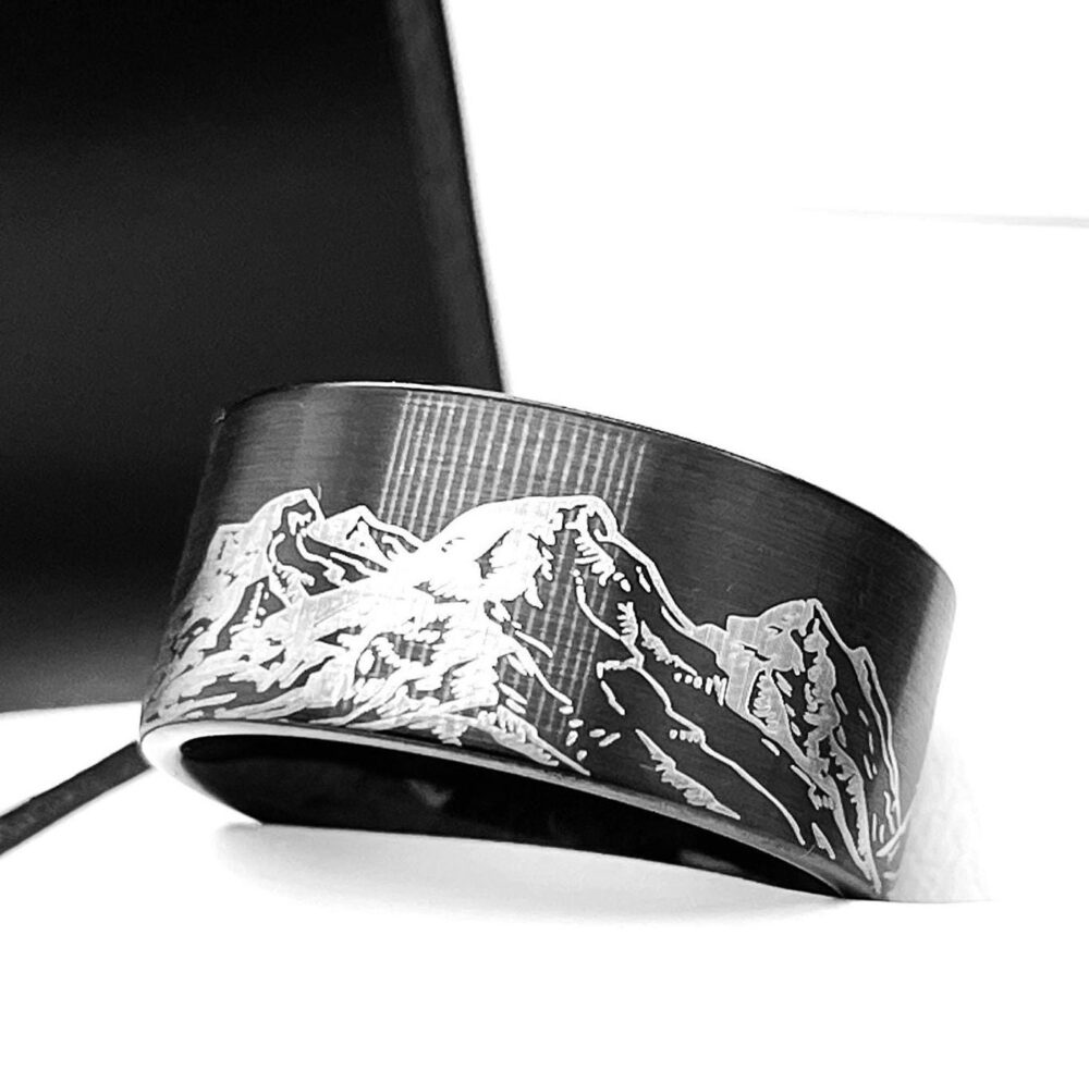 Black Tungsten Mountain Range Engraved Wedding Band - 8mm, 10mm, 12mm