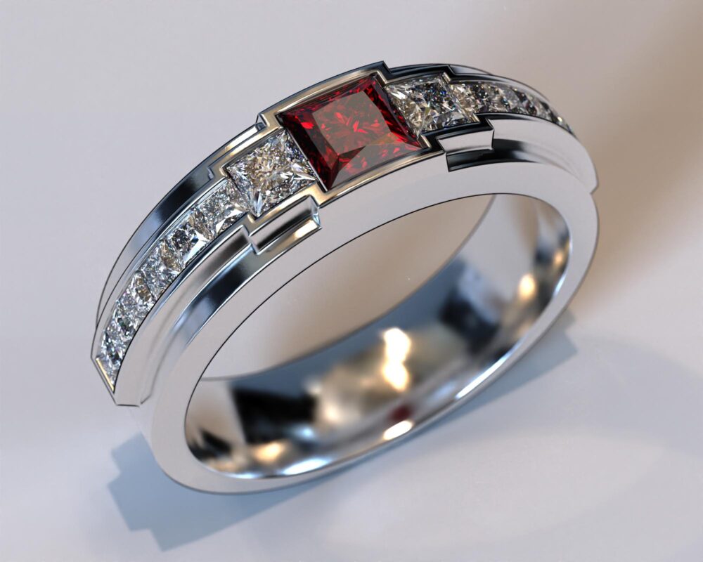 Ruby Diamond Mens Wedding Band/White Gold Ring Bezel