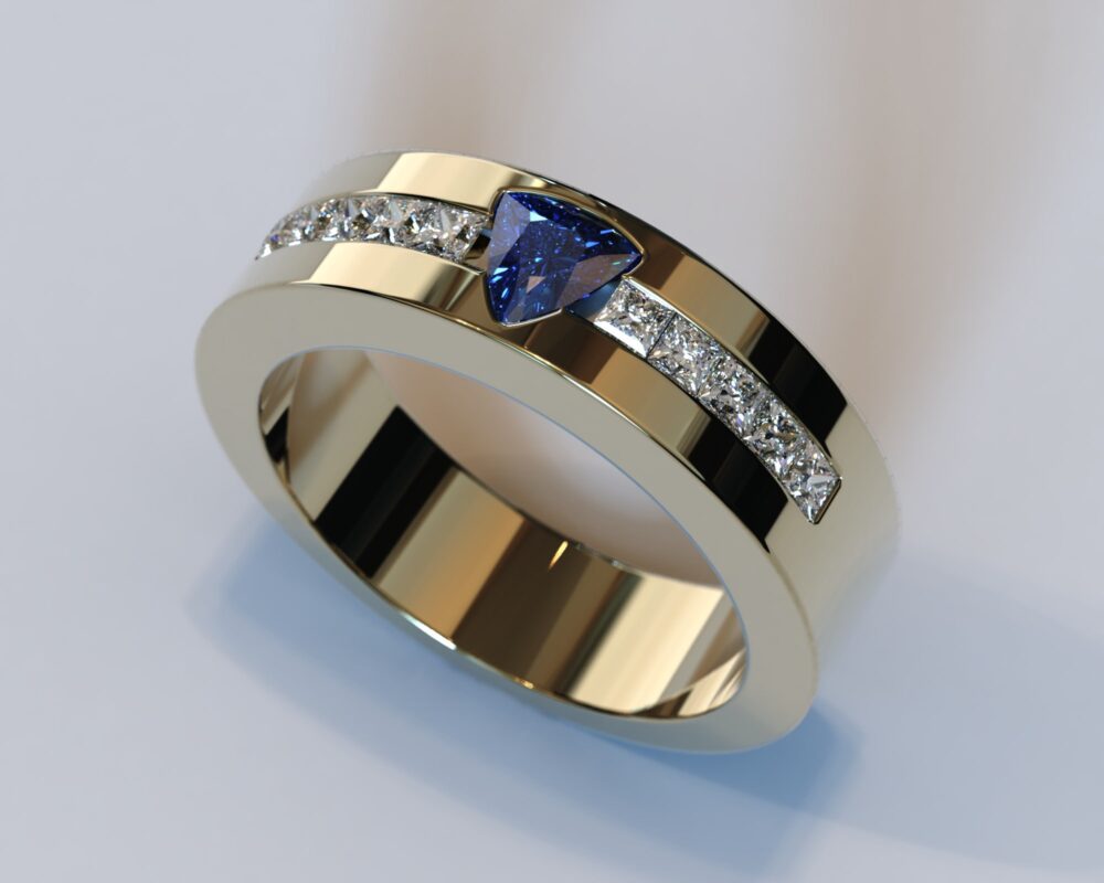Gold Sapphire Ring/Mens Wedding Band Trillion Cut Unique Diamond