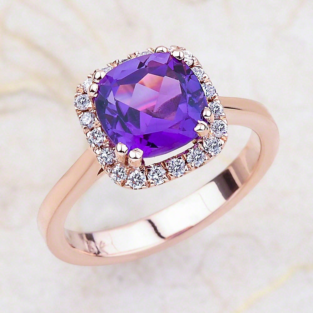 Amethyst Engagement Ring in 14K Rose Gold/Cushion Halo