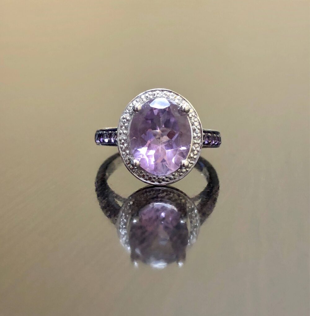 Halo Diamond Amethyst Engagement Ring - Wedding Art Deco Sterling Silver