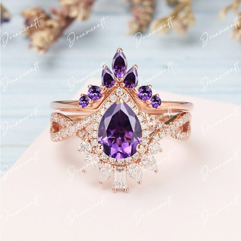 Amethyst Engagement Ring Sets Solid Gold 14K Pear Shape Unique Vintage Marquise Cut Moissanite Wedding Bridal