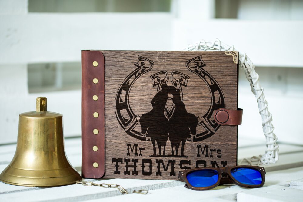 Wooden Wedding Guest Book Rustic Country Couple, Horseback Design