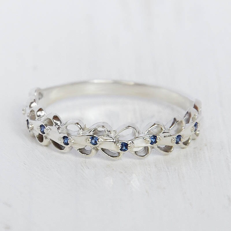 Unique Wedding Band, Sapphire Silver Band Ring, Blue Stone Women Ring For Her