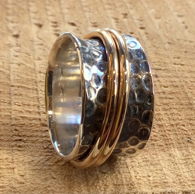 Silver Wedding Ring, Yellow Gold Spinner Two Tone Stacking Rings, Hammered Unisex Silver Band - in My City R2300